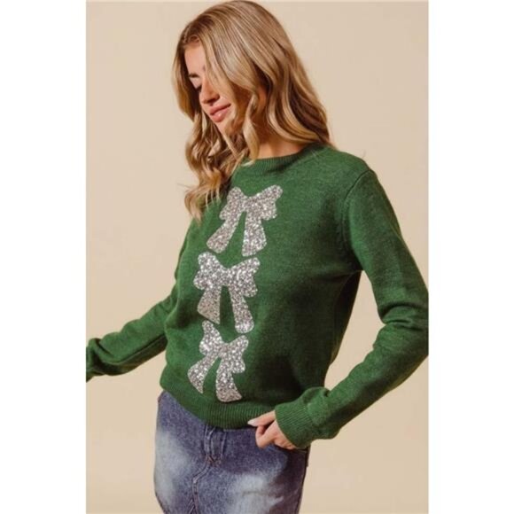 SO ME Sequins Bow Ribbon Embellished Christmas Sweater - Picture 1 of 2
